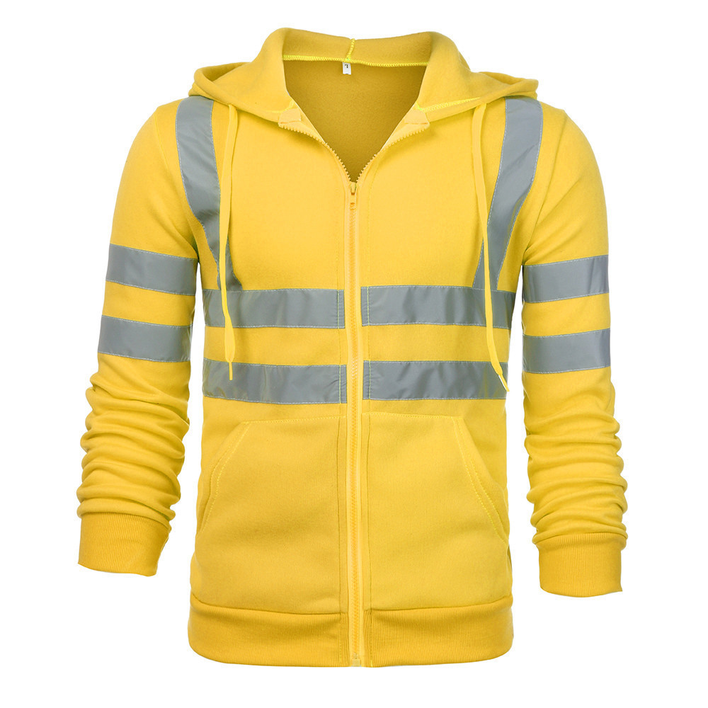 Men's Clothing reflective strip plus velvet sweatshirt outdoor sanitation work clothes zipper hooded color matching sweatshirt jacket_voghion.com