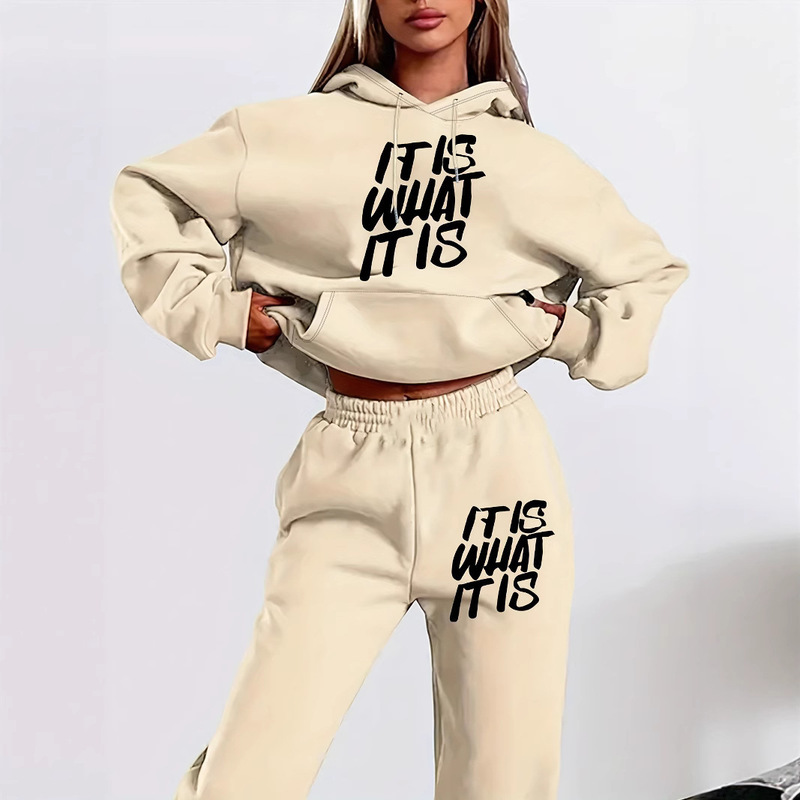 Shein Amazon Best-Selling Letter Print Simple Women's Sweatshirt Suit Autum Long-Sleeved Hooded Sweatshirt