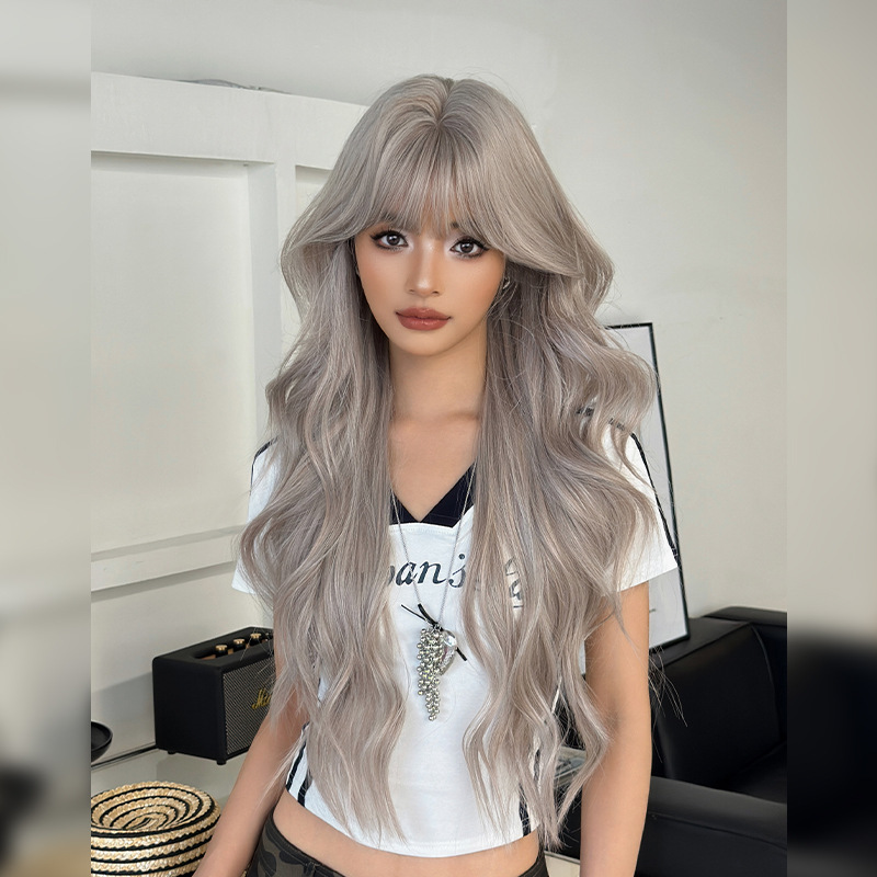 Wig for Women with Long Curly Hair, Beige Gray with Bangs, Full Headpiece, Synthetic Fiber, Realistic Natural Full Wig, High-Temperature Fiber