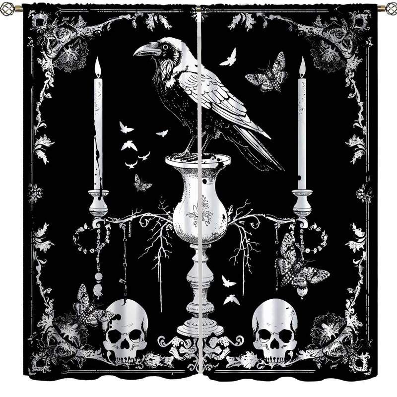Cross-border Gothic Style Crow Skull Moth Candle Floral Pattern Digital Print Curtains for Bedroom and Living Room, Wholesale from Manufacturer