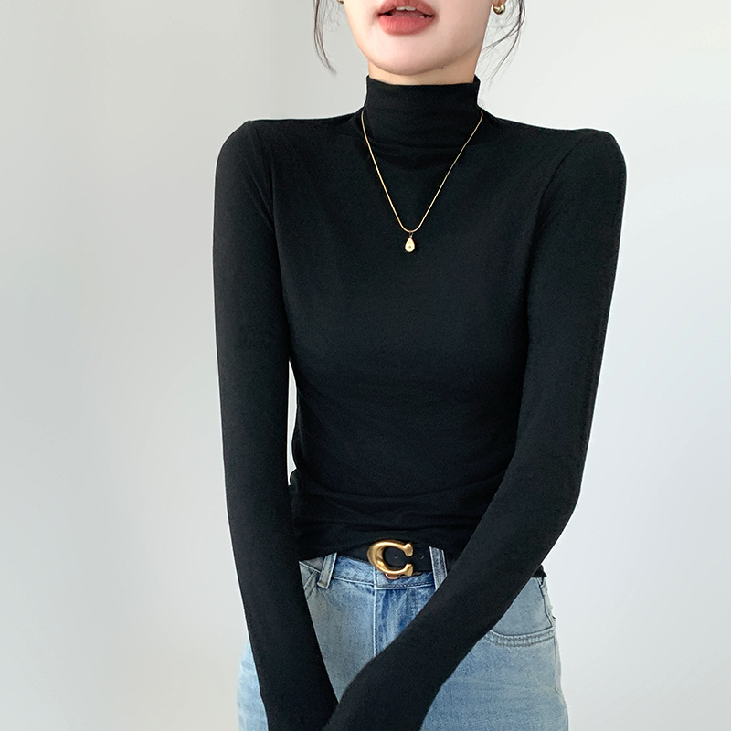 Camiseta legging de cuello medio alto para mujeres 2024 otoño y invierno nuevo ajustado interior con camiseta de manga larga delgada y delgada chaqueta de aire extranjero image 8
