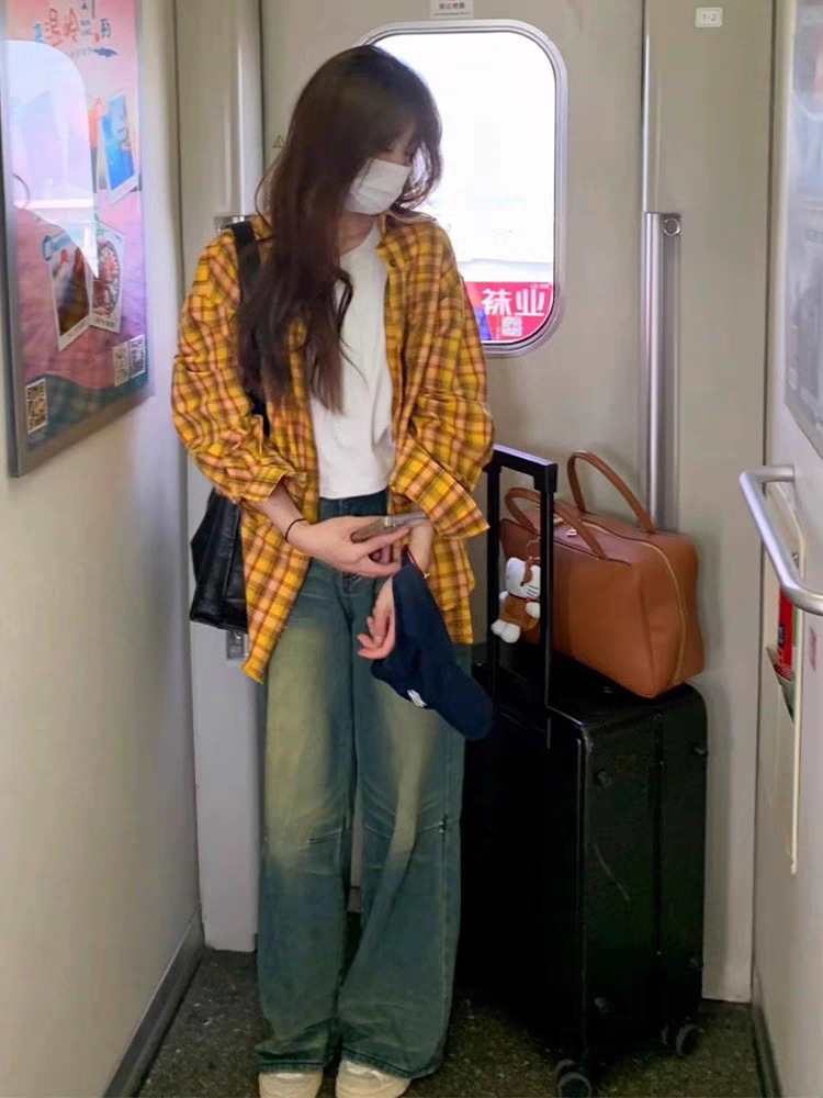 Yellow retro spring shirt, American style, for beloved, trend of season, oversize