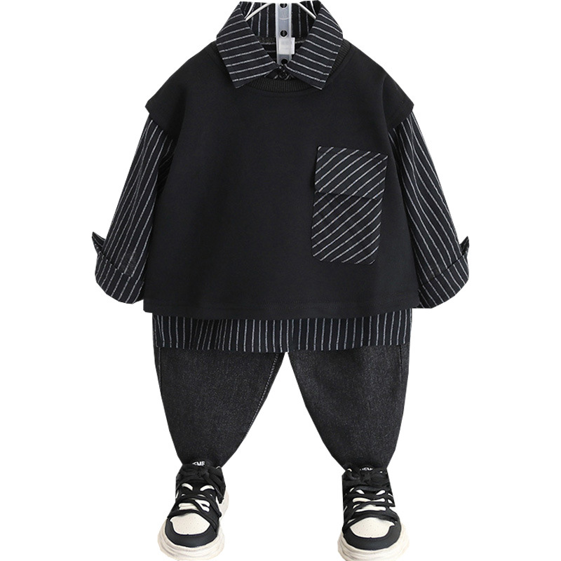 5991 Traje de otoño para niños 2024 Nuevo estilo Cool y guapo Camisa a rayas para bebés Chaleco de dos piezas Primavera y otoño para niños