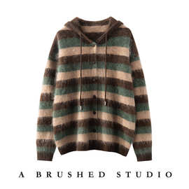 25年秋冬新款100山羊绒连帽针织开衫拼色条纹宽松拉毛羊绒衫外套