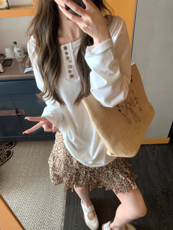 曲奇饼干 不规则扣罩衫上衣女卷边设计感长袖休闲T恤|undefined