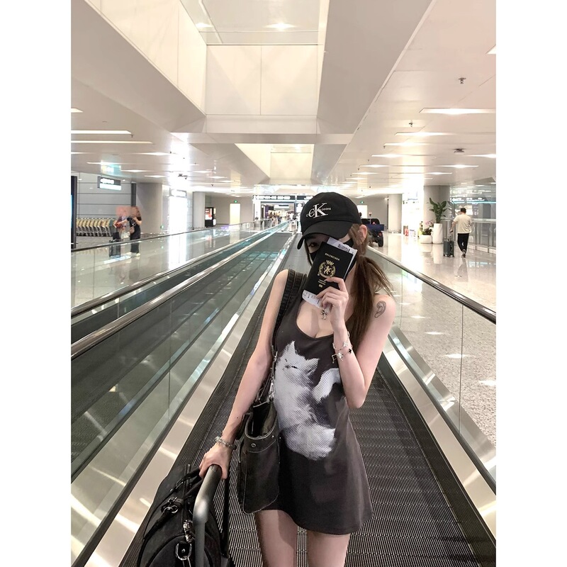 【Rayon 270g】 Pure Desire Style Large Neckline Tie-Up Two-Way Wear Slip Dress with Cat Print Tank Top 【Rayon 270g】 Pure Desire Style Large Neckline Tie-Up Two-Way Wear Slip Dress with Cat Print Tank Top