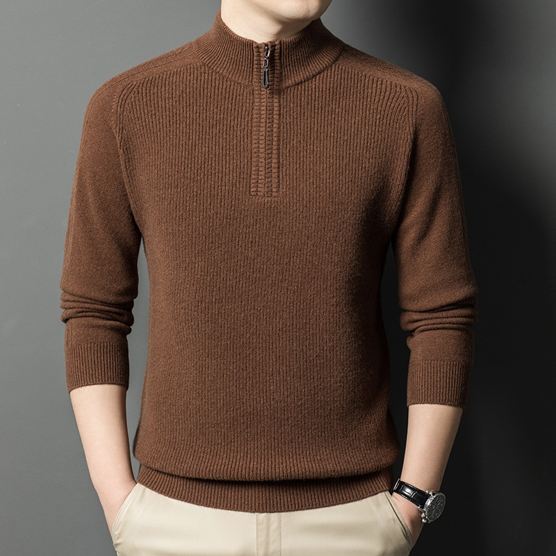 Winter woolen knitted casual solid color base sweater with zipper