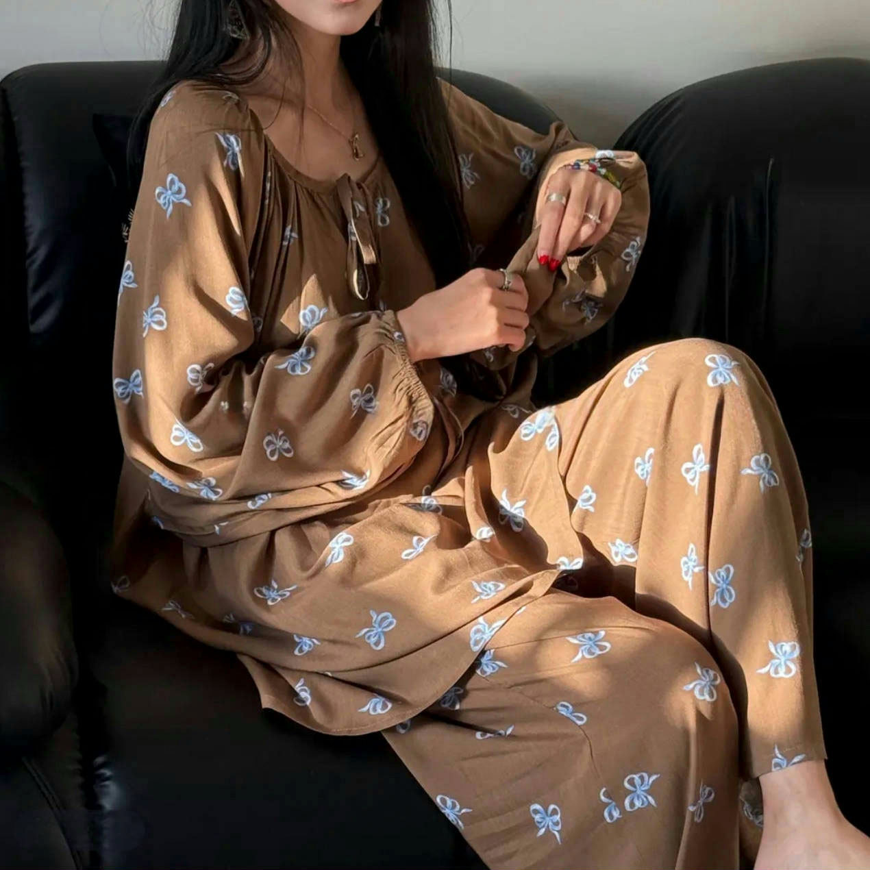 [Spot Clear] Nuevos pantalones anchos chinos de seda de algodón, pantalones de pijama perezosos de cintura alta rectos sueltos de primavera y verano para mujer