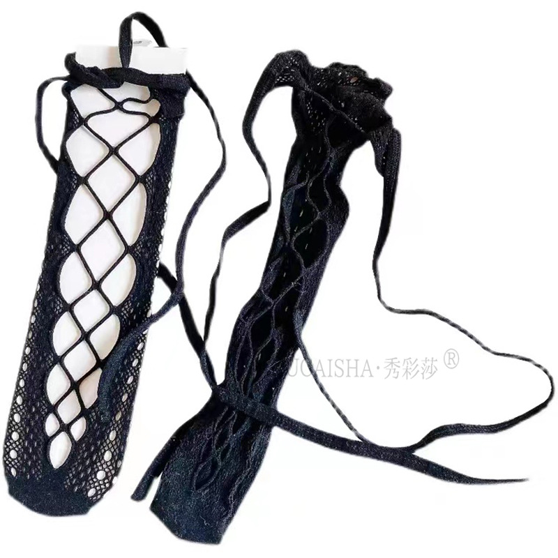 Black Fishnet Cut-Out Stockings with JK Straps, Sheer Lace Sexy Hosiery — detail image 17