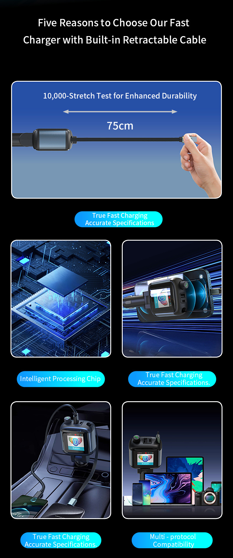 Car-mounted color display screen Bluetooth FM transmitter hands-free calling PD65W fast charging charger MP3 player