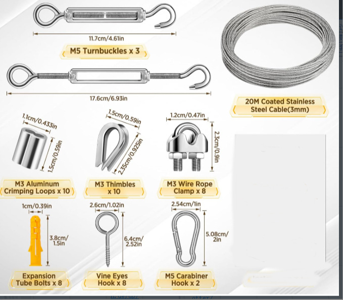 En stock de cable de acero inoxidable PVC recubierto cuerda de alambre de acero al aire libre luz colgante kit tensor de cuerda de gancho de resorte