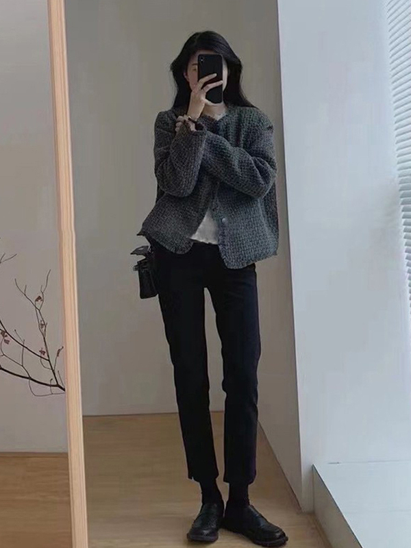 毛呢上衣时髦小香风奶灰流苏边短外套女春秋气质简约短款宽松长袖|undefined