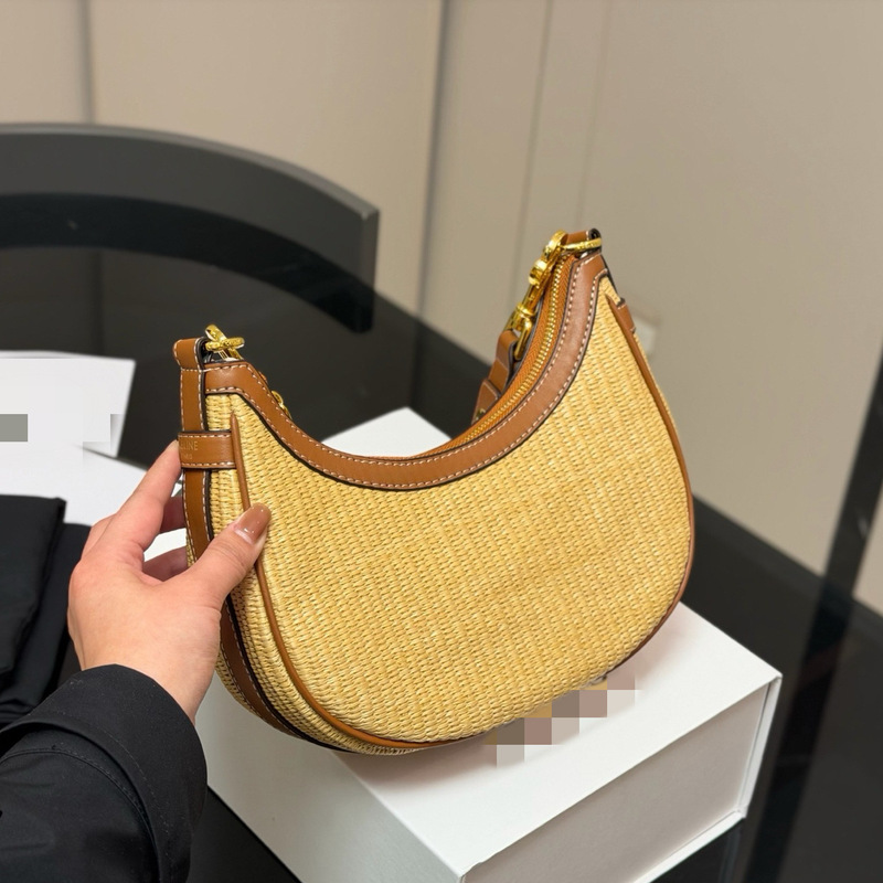 Celine Women's Bag 2026 New Cross-Border Vintage Straw Woven Shoulder Underarm Bag Crescent Bag Handbag Crossbody Dumpling Bag