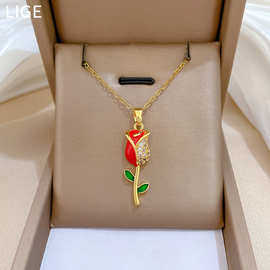 【钛钢】滴油玫瑰时尚轻奢风气质华丽满钻项链女百搭锁骨链钛钢链