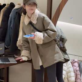 2024冬季新款韩系洋气复古设计翻领中长款高级宽松工装派克棉服