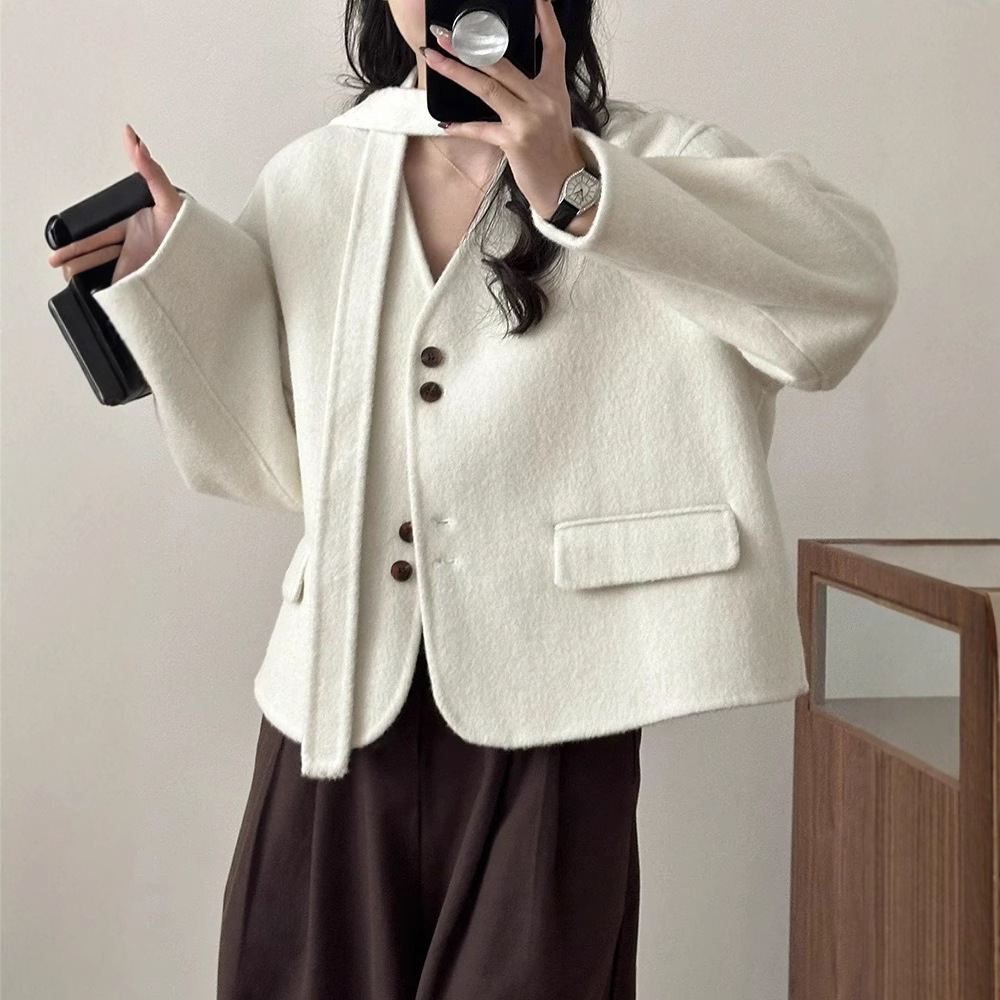 Factory Outlet 25 High Sense Double-sided Wool Chanel Style Coat New Solid Color Single-breasted V-neck Fashion Loose