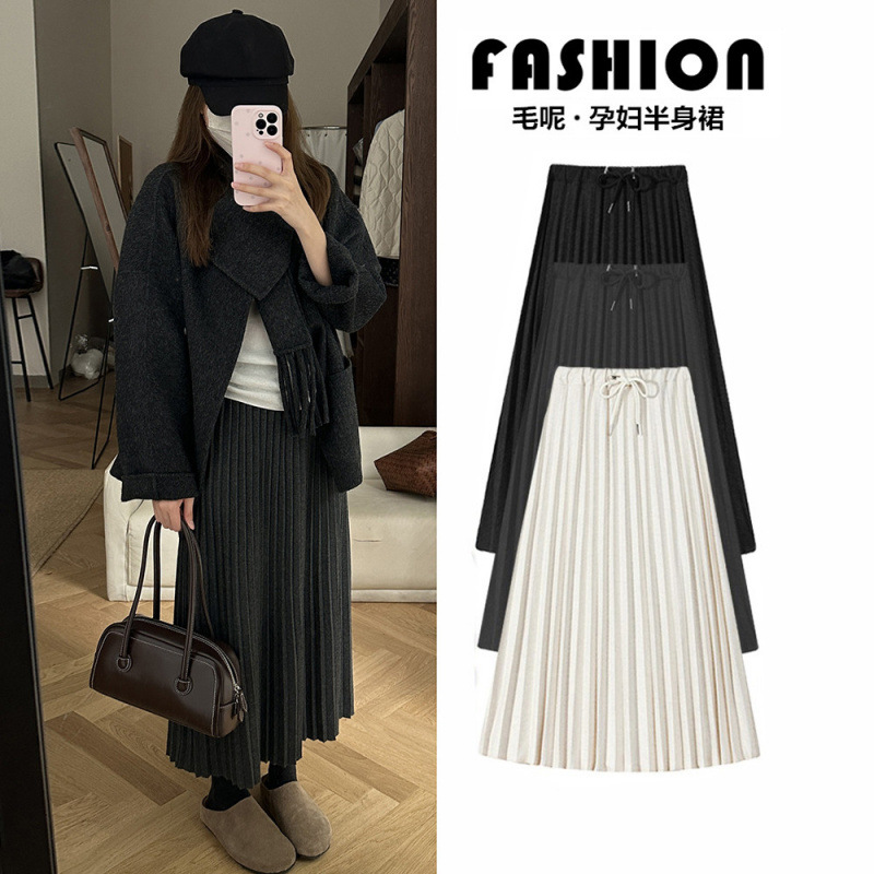 2025 Autumn and Winter New High-Waisted Woolen Pleated Skirt for Pregnant Women, Slimming Look A-Line Skirt, Long Skirt