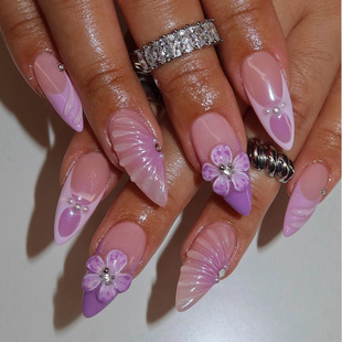 Cross-border hot sale set of 24 pieces of purple French fake nail patch detachable almond-shaped nail art piece to wear