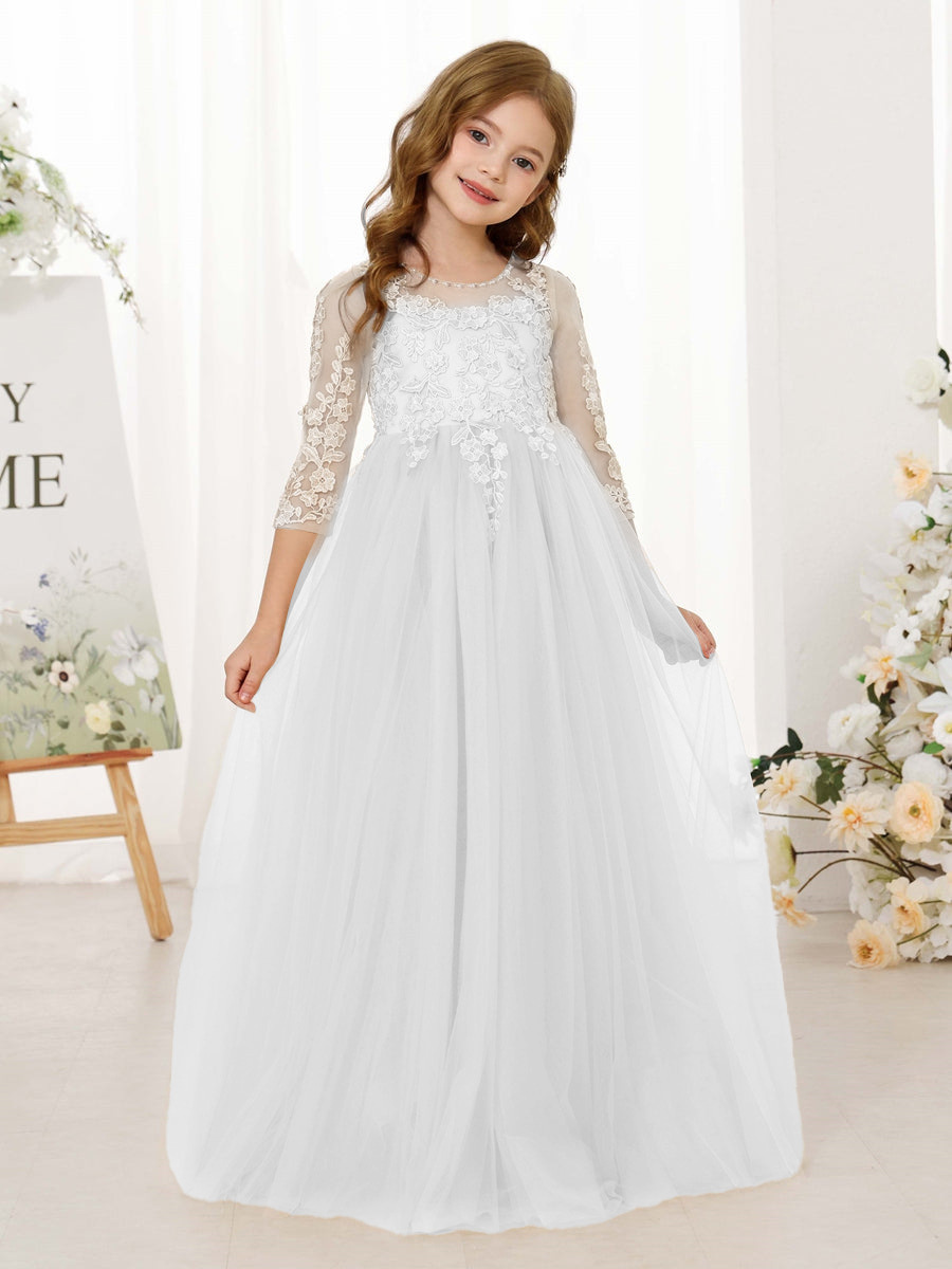 Transfronterizos Amazon ropa infantil vestido de niña flor vestido de novia encaje cuello redondo mangas largas vestido de acero blanco