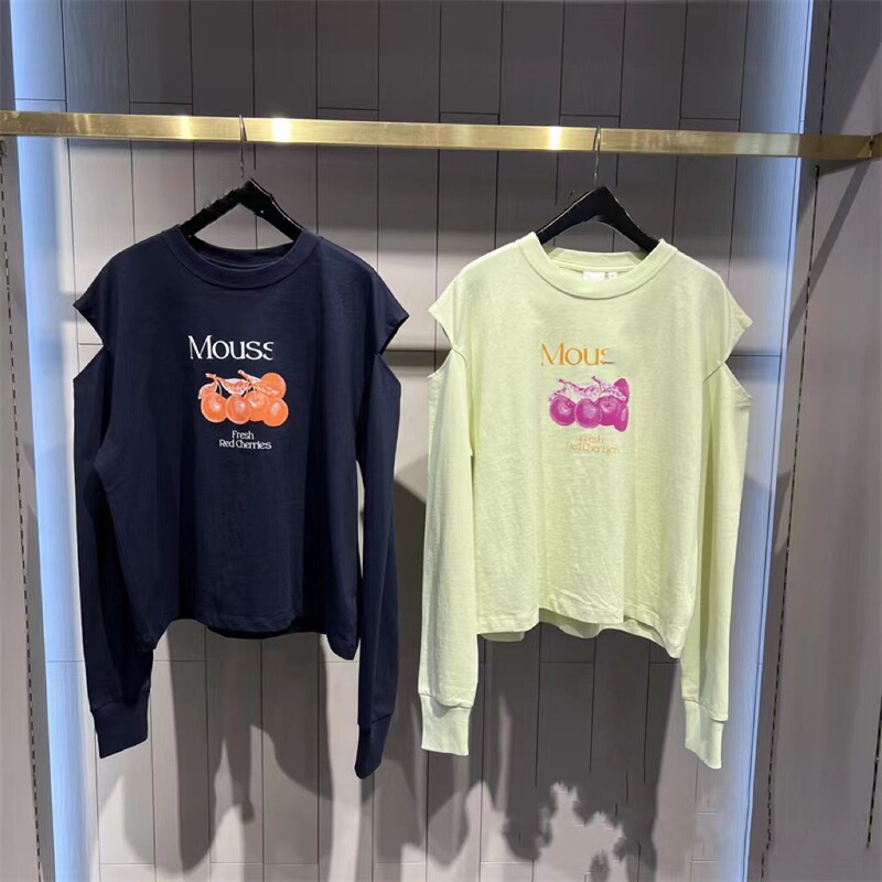 Japanese order M home pure original 2023 Spring and Autumn New hollow design off-the-shoulder chest back cherry printed T-shirt-0660