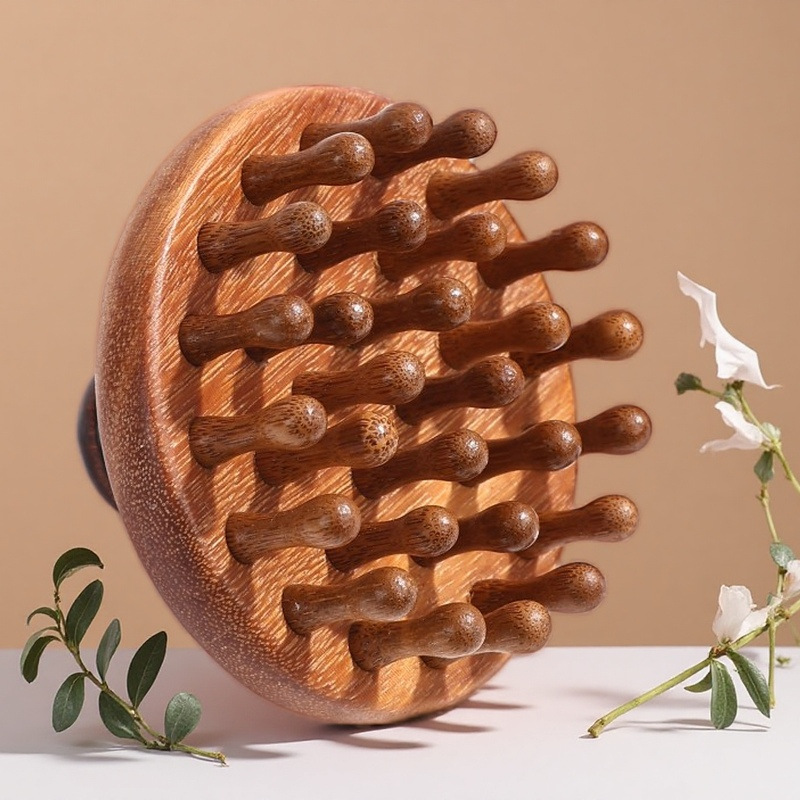 高端绿檀木圆盘按摩器养发经络梳头部蓬松毛囊疏通养生头皮按摩梳