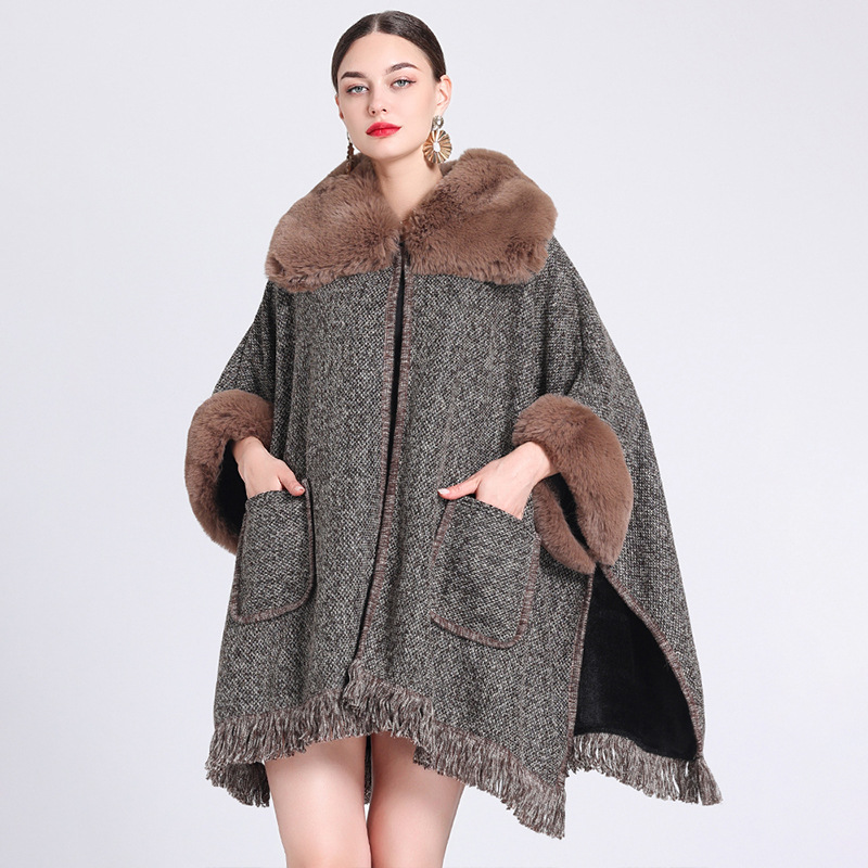 Extra Fleece, extra dicker Umhang mit Pelzkragen, lockerer großer Strickjackenmantel für Damen_voghion.com