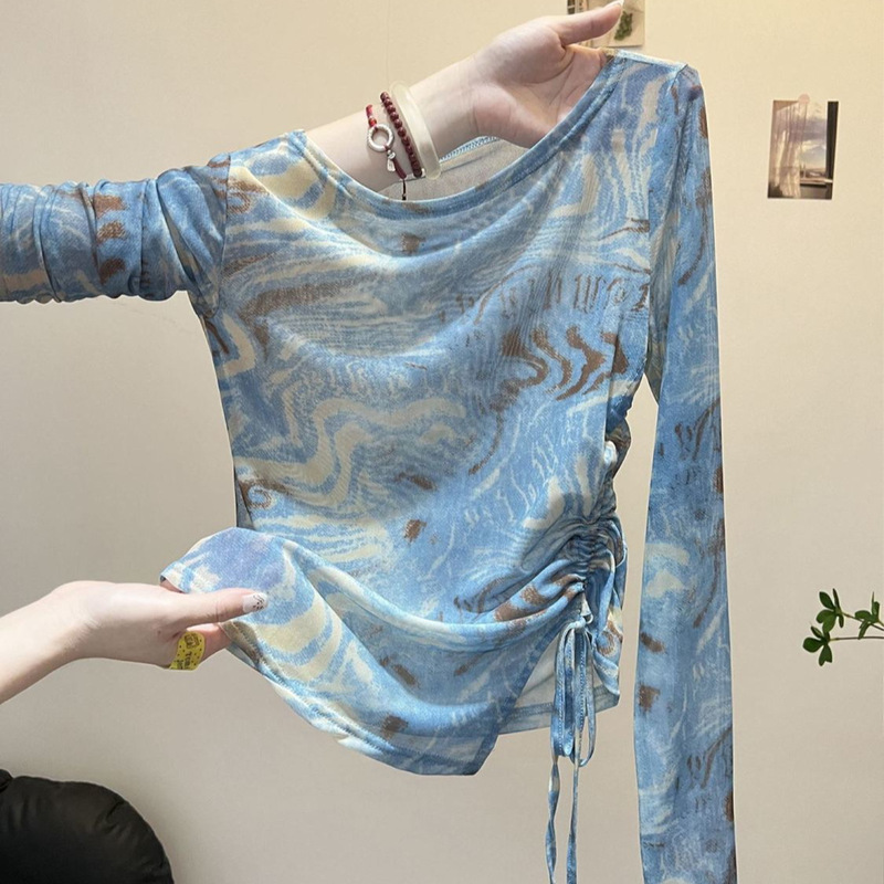 Millennial Style Retro Tie-Dye Mesh Sun Protection Shirt, Summer Vacation Irregular Drawstring Long-Sleeved Top, Design-Inspired T-Shirt Millennial Style Retro Tie-Dye Mesh Sun Protection Shirt, Summer Vacation Irregular Drawstring Long-Sleeved Top, Design-Inspired T-Shirt