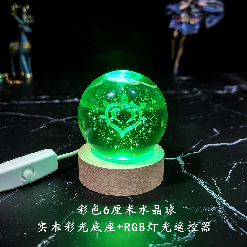 Ночная лампа кристальный шар (Genshin Impact), 3D-гравировка семи стихий, LED или деревянная подставка