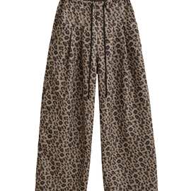 2025秋季新款美式复古豹纹休闲裤宽松阔腿裤松紧系带长裤批发女