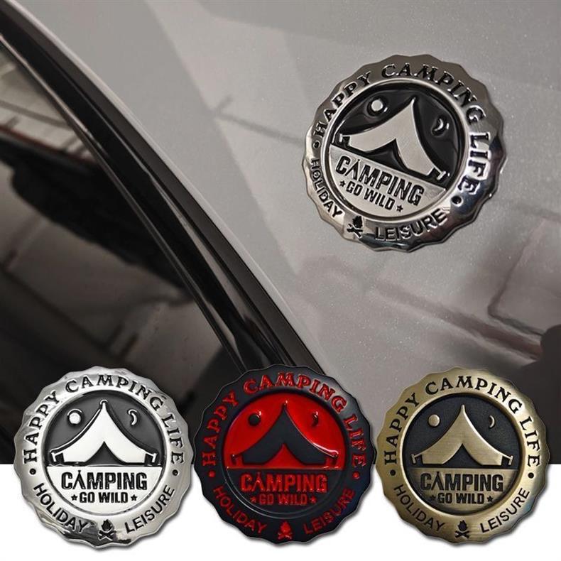 Camping car emblem, personalized creative car decal for outdoor adventures, mountain climbing, travel car body decoration, metal rear car emblem