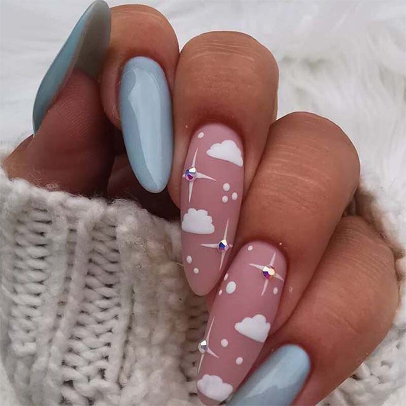 Sky Blue Cloud Gradient Rhinestone Wearable Manicure Finished Fake Nails Manicure Patch Nail Patch Removable Export Sky Blue Cloud Gradient Rhinestone Wearable Manicure Finished Fake Nails Manicure Patch Nail Patch Removable Export