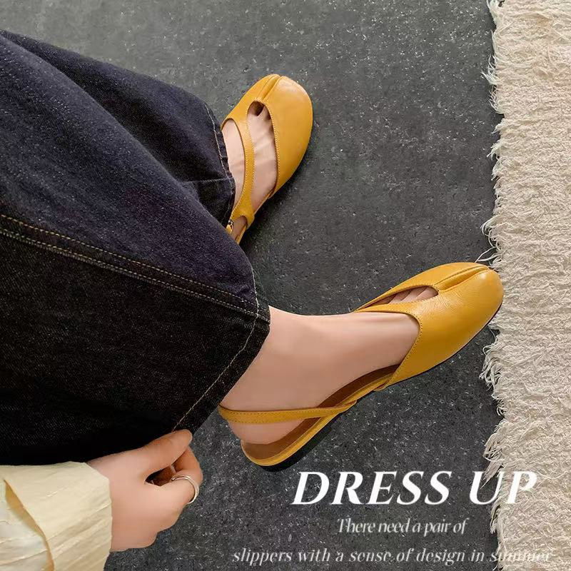 Sandal nữ da trâu chia ngón chân mũi trùm đế bệt — Đỏ (cao 1cm) chi tiết 3