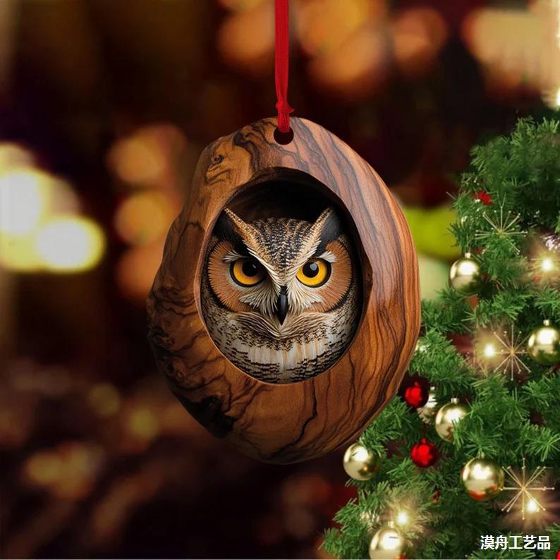 Nuevos búhos transfronterizos, osos, adornos de Navidad, colgantes de árbol de Navidad, colgantes de acrílico de impresión plana 2D