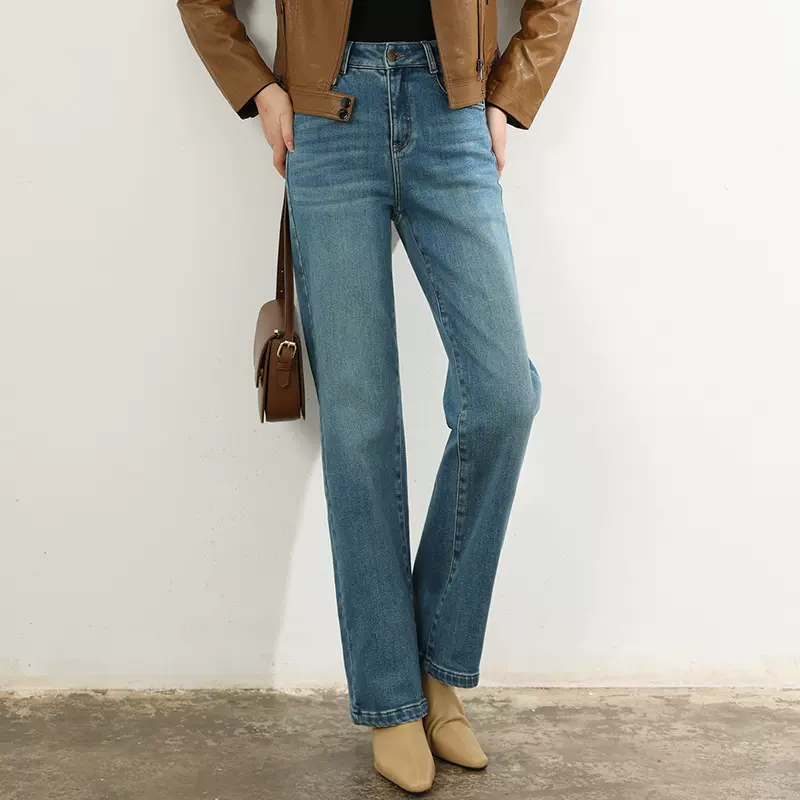 厂家直销新款冬季热销浅蓝色植绒牛仔裤女小个子窄版直筒裤拖地裤