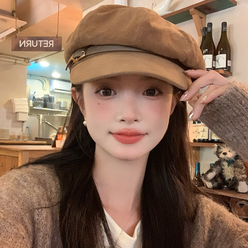 韩版气质百搭八角帽女秋冬时尚皮带扣报童帽高品质复古绒面画家帽|undefined