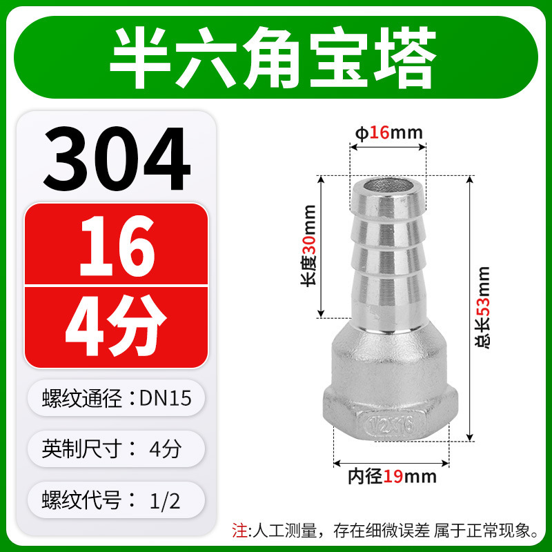 304不锈钢内丝宝塔接头六角皮接内螺纹竹节皮插软管格林头4/6分|undefined