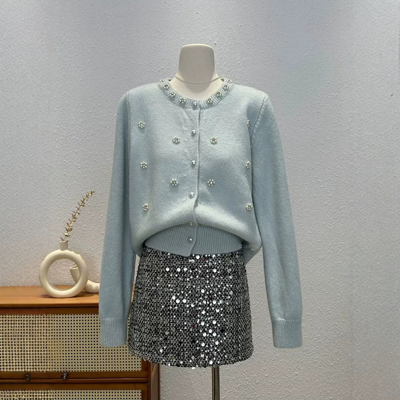 French-style, heavily embellished sweater coat with rhinestones and beads, a new autumn/winter collection, soft and warm knitted cardigan for women