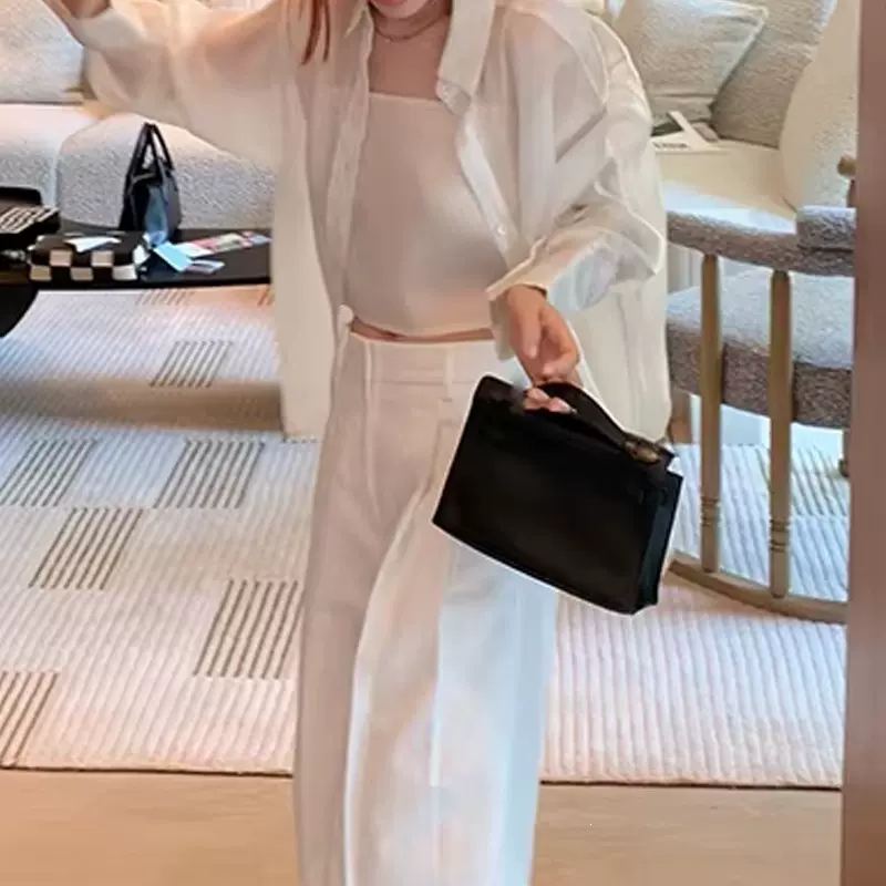 极简风纯色长袖衬衫通勤百搭透气衬衣细腻简约吊带通勤时尚套装