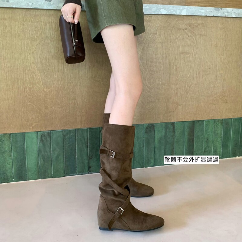 内增高6CM~真皮复古堆堆西部牛仔靴圆头扣带柔软褶皱显瘦中筒靴女|undefined