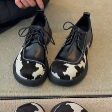 真皮马毛厚底小皮鞋女英伦风奶牛拼色松糕大头单鞋复古系厚底增高