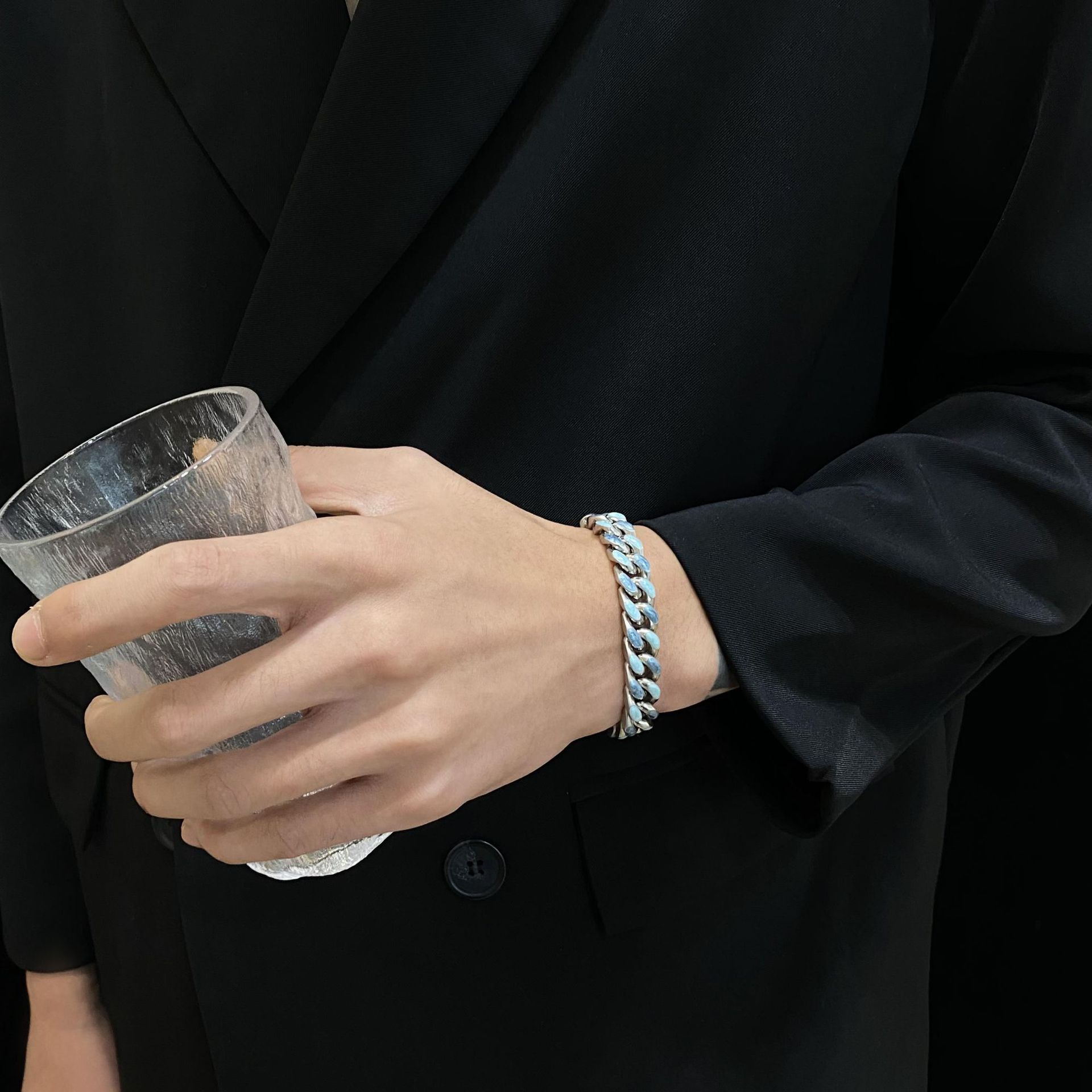 Titanium Steel Cuban Chain Bracelet Double Sided Pink Blue Pair_voghion.com