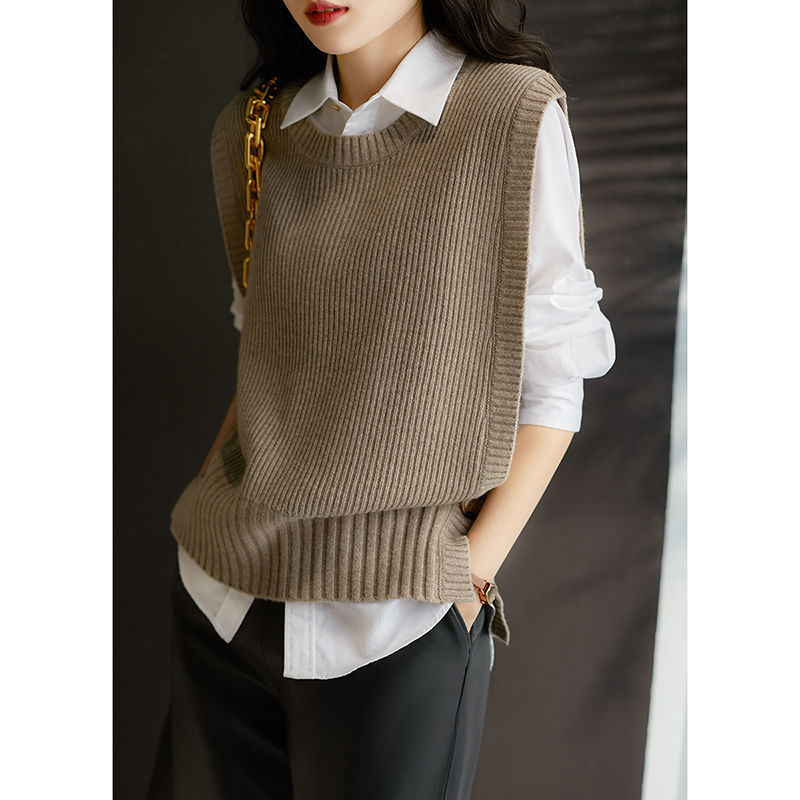 Japanese-Style Round Neck Solid Color Ribbed Slimming Knit Vest For Women Autumn And Winter Fashion Single-Button Vest