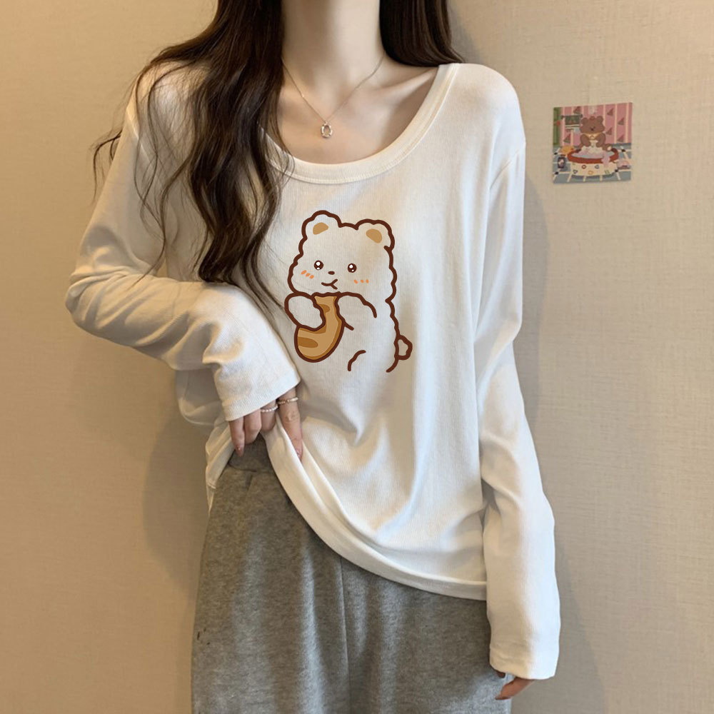 白色长袖T恤女春秋2025新款遮肉打底衫chic纯棉慵懒松弛感U领上衣