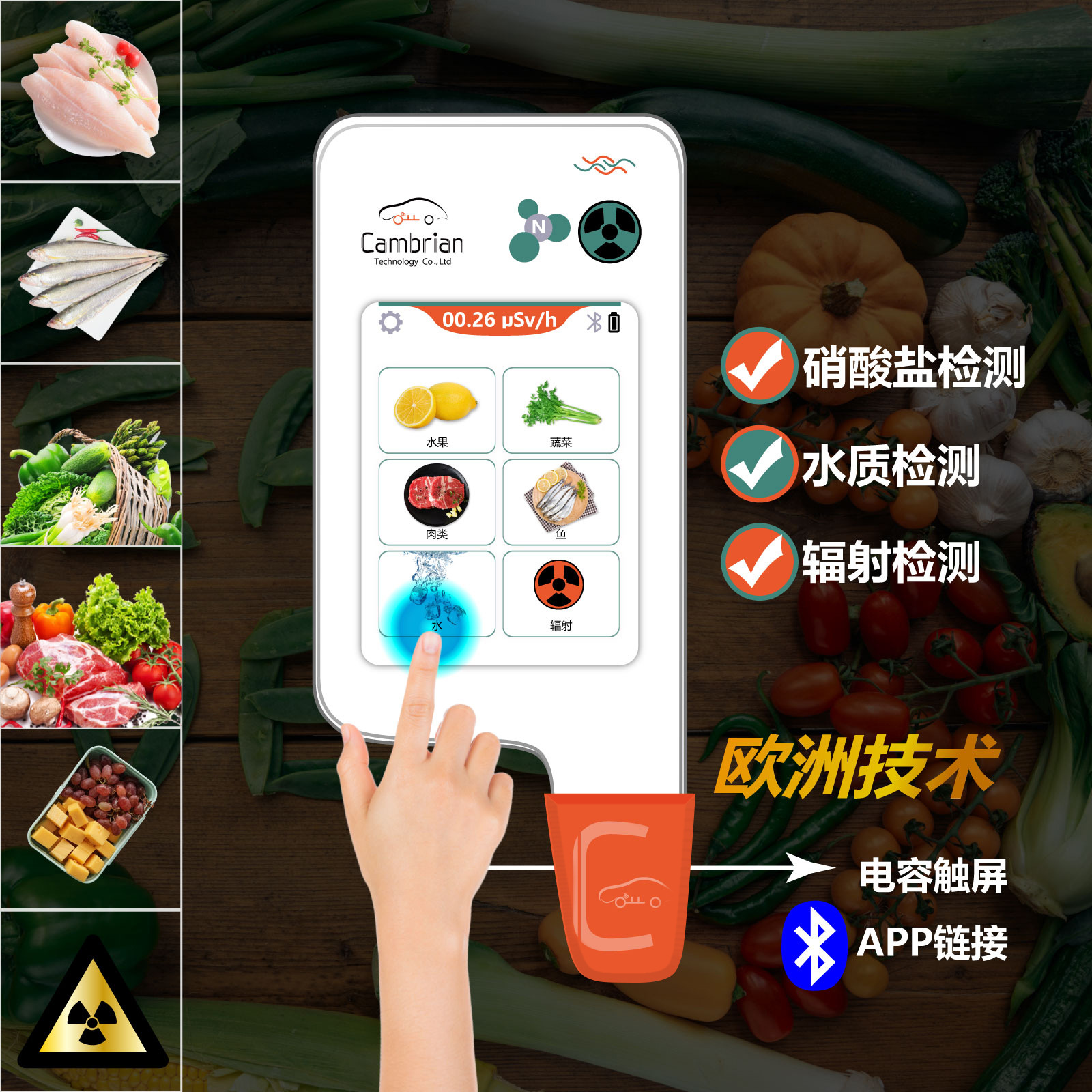 寒武纪HWJ-TEST蔬菜水果肉鱼食品农残硝酸盐温湿度电磁辐射检测仪