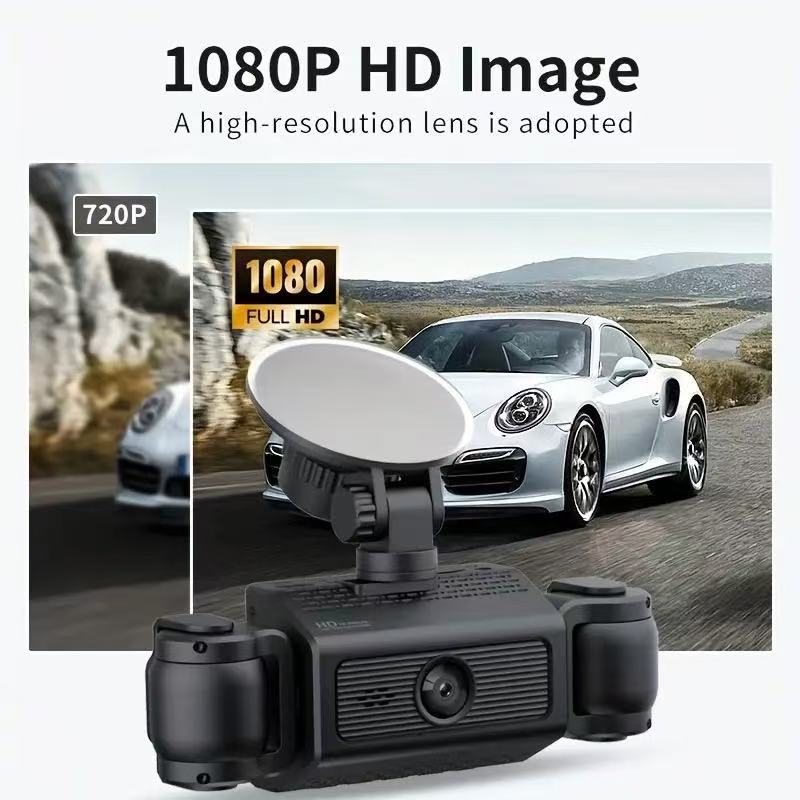 Four-channel dashcam with front, rear, left, and right cameras, featuring high-definition night vision, wide-angle lenses, and integrated parking monitoring