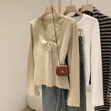 拼接蕾丝v领长袖针织衫内搭女春秋季新款修身木耳边系带韩系上衣