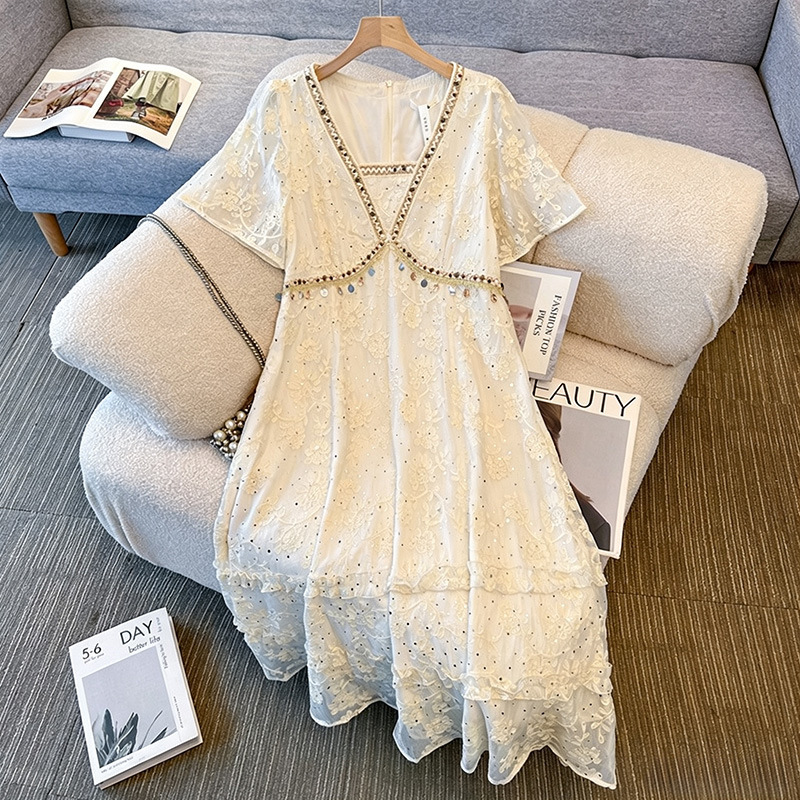 65-150kg Plus Size Women's Clothing for Fat Girls, Summer French-Style Sequined Short-Sleeved Dress, 2026 New Style, Lace, Hong Kong Style 65-150kg Plus Size Women's Clothing for Fat Girls, Summer French-Style Sequined Short-Sleeved Dress, 2026 New Style, Lace, Hong Kong Style