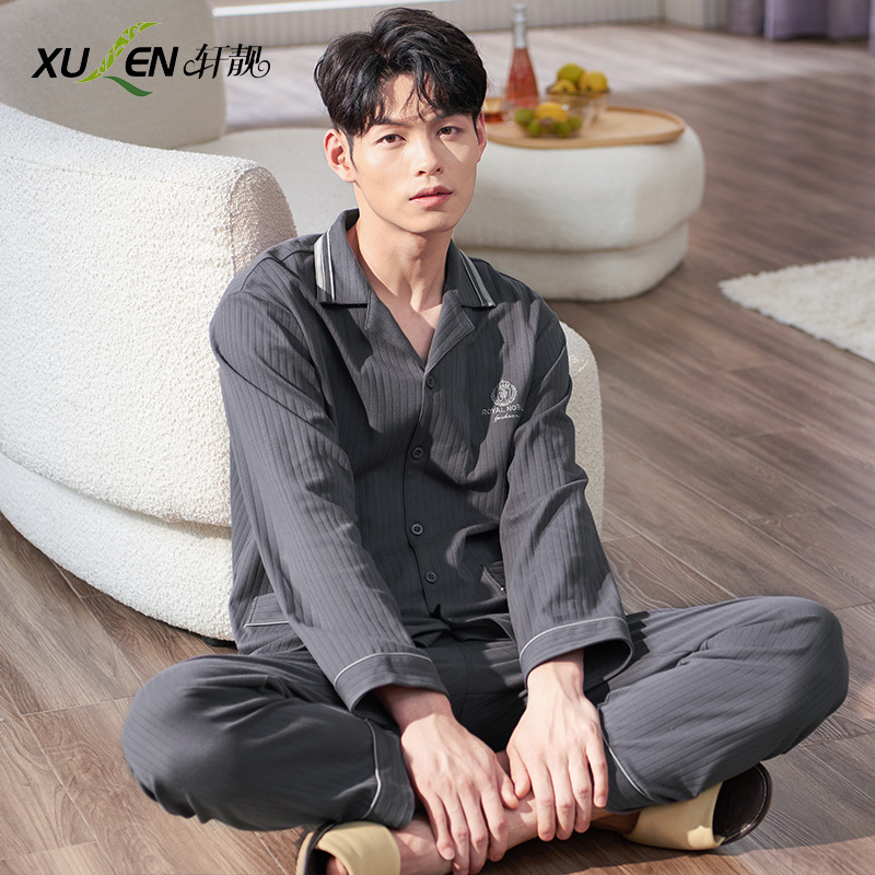 Primavera y otoño pijamas hombres primavera y otoño 100% algodón pantalones de manga larga Otoño e Invierno simple ropa para el hogar más traje de tamaño