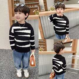 中小男童竖条纹毛衣秋冬新款儿童洋气套头打底针织衫宽松休闲毛衫