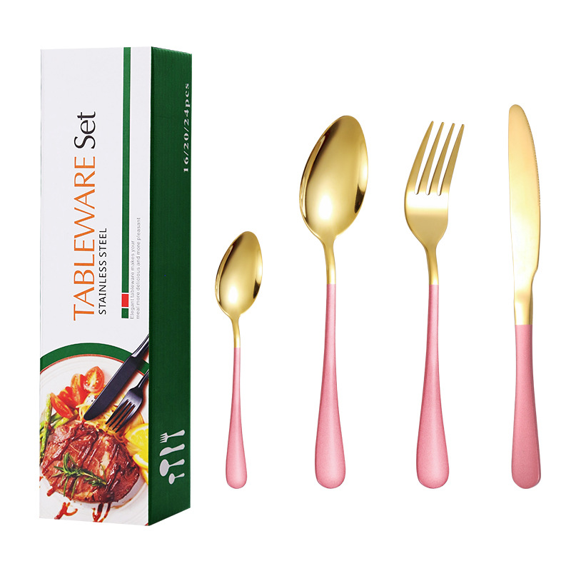 Cuchillo de acero inoxidable Amazon, tenedor y cuchara traje de 24 piezas 1010 cuchillo de carne occidental, tenedor y cuchara regalo traje de caja de regalo transfronterizo